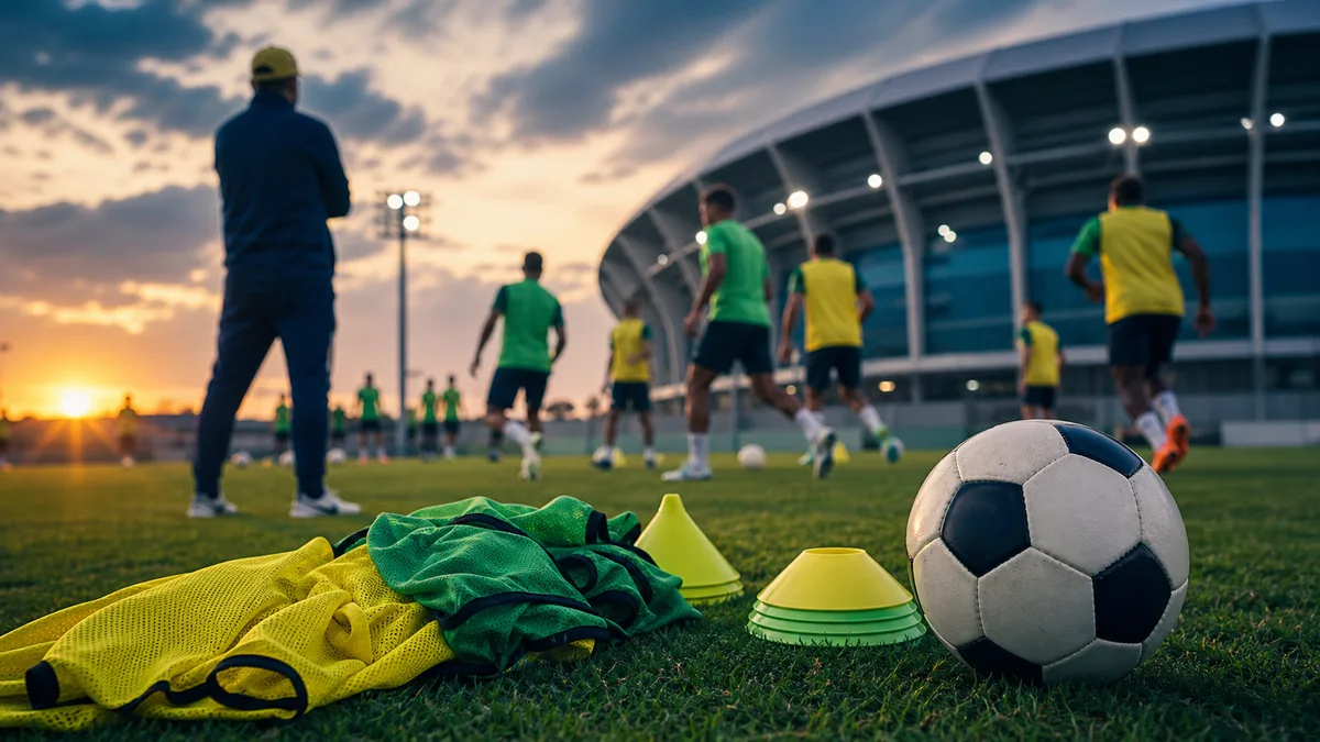 Treino de futebol em campo com coletes verdes e amarelos