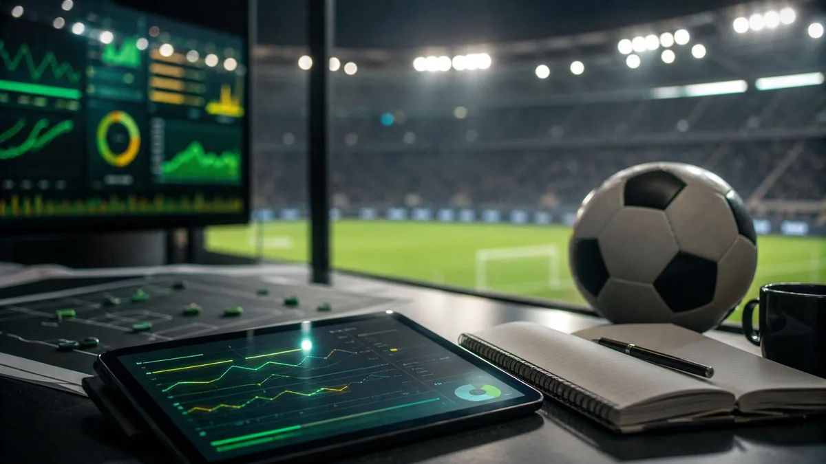Mesa de análise esportiva com bola, tablet e estádio ao fundo