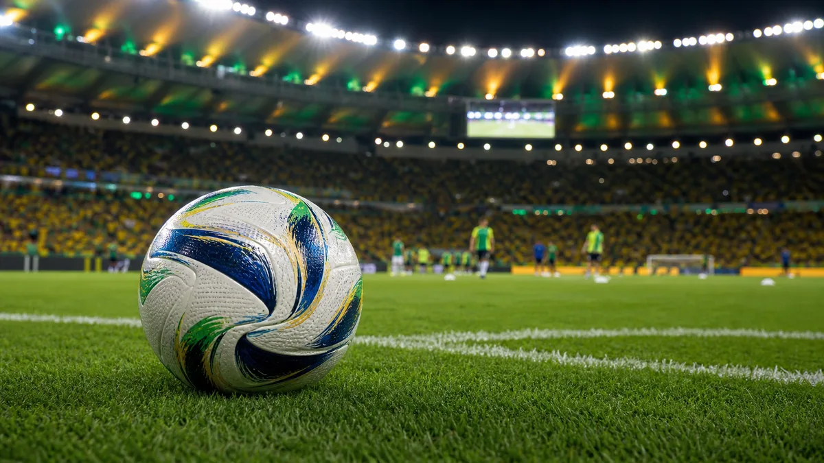 Bola em campo com estádio iluminado ao fundo