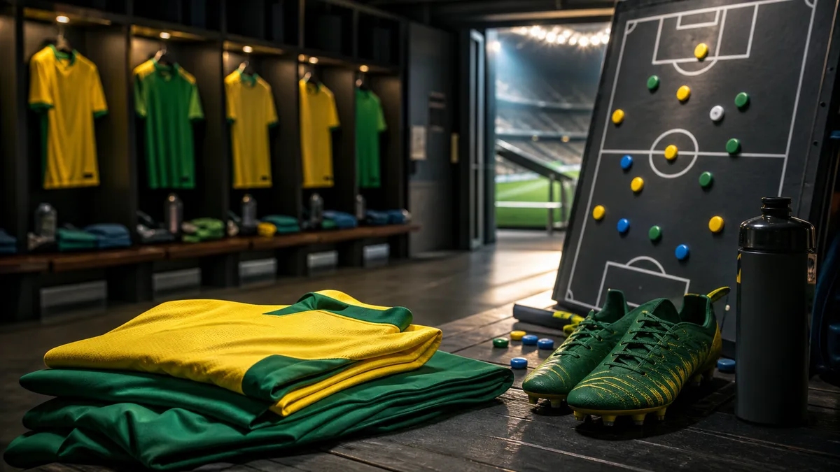 Vestiário com uniformes, chuteiras e quadro tático